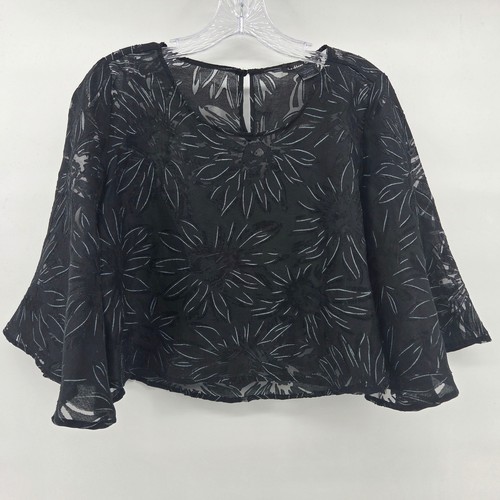 Caribbean Queen Crop Top Medium Black Floral Bell Sleeve Sheer Witchy Goth
