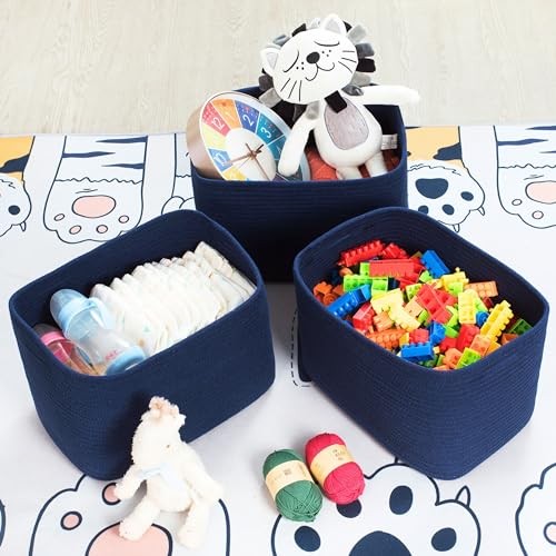 3-Pack Decorative Woven Storage Baskets for Shelves, Cube Bin Box Navy Blue - Bild 6 von 8