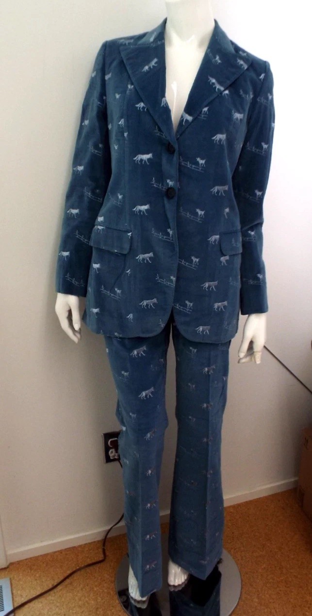 Vintage 1970s De Noyer Blue Cotton Velvet Pant Suit 38 Wolf Lamb James Borynack