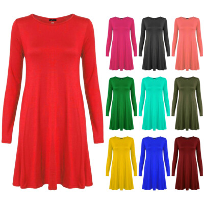 Swing-Kleid langärmlig ausgestellt A-Linie Skaterkleid Oberteil UK-Größe 8 26 für Damen