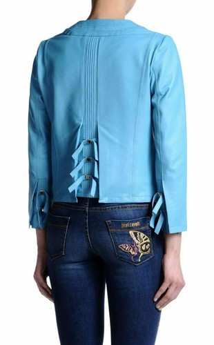 Just Cavalli Women's Sky Blue 100% Leather Full Zip Bomber Jacket US S IT 40 - 第 3/4 張圖片