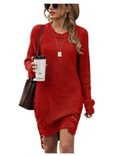 ZILCREMO Women Oversized Loose Long Pullover Sweater Dress Winter Knit Ripped XL