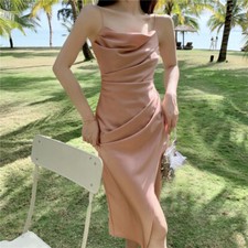 Women Satin Long Dress Spaghetti Strap Slit Frill Ruched Tunic Irregular Holiday