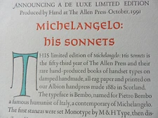 Prospectus for ALLEN PRESS Michelangelo: his Sonnets PRIVATE PRESS Fine Printing