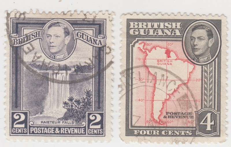 British Guiana 1938. KGVI.  Kaieteur Falls. Map of South America. Sc 231b, 232a.