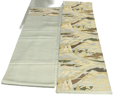 Japanese Vintage Kimono Fukuro Obi silk gray japan scenery expensive 157x11.8in