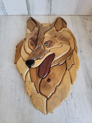 Wood 3D intarsia dog collie mosaic wolf face art decor unique pet