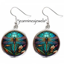 Dragonfly Earrings TEAL Blue Boho Bohemian Art Nouveau Print Silver Charm Dangle