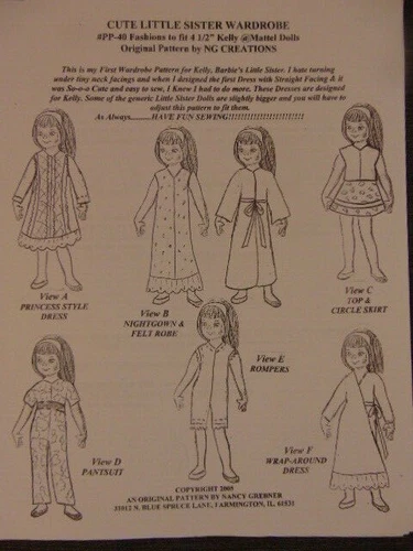 NG Creations Easy to Sew Pattern #PP-40 fits Kelly Doll Barbie Little Sister