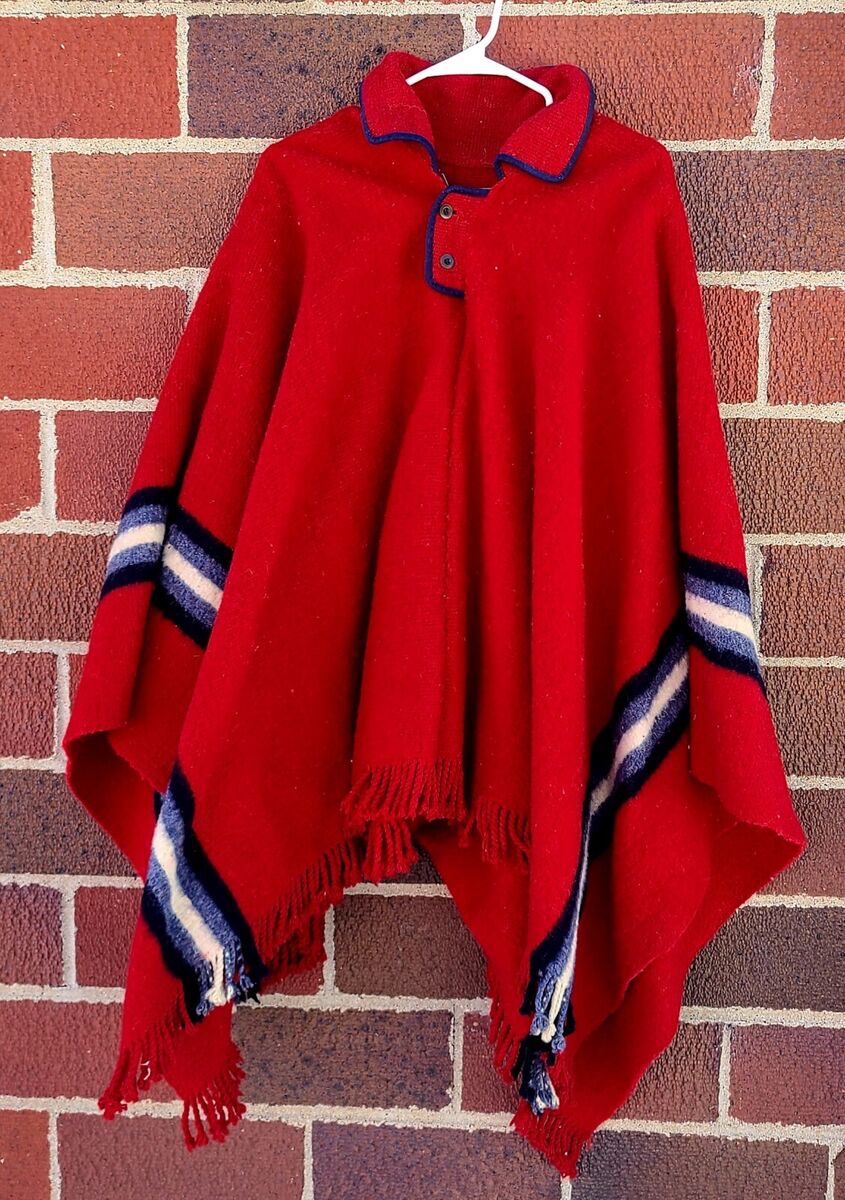 Vintage Western Red Wool Poncho One Size with Fringe Cowboy