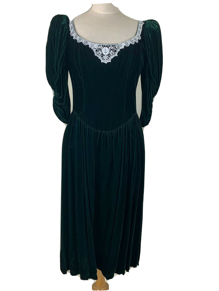 1980s Gunne Sax Green Velvet Christmas Dress 9 Jessica McClintock Victorian  | eBay