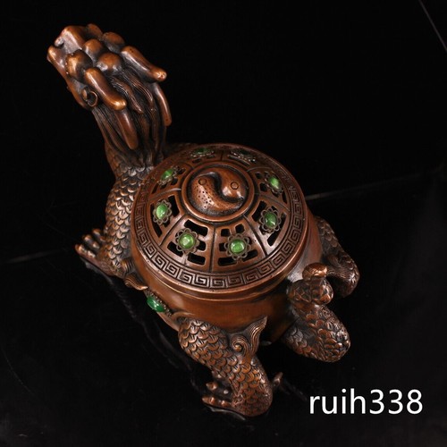 9.6"China ancient Pure copper Handmade Inlaid gems Dragon turtle Incense burner - Picture 7 of 9