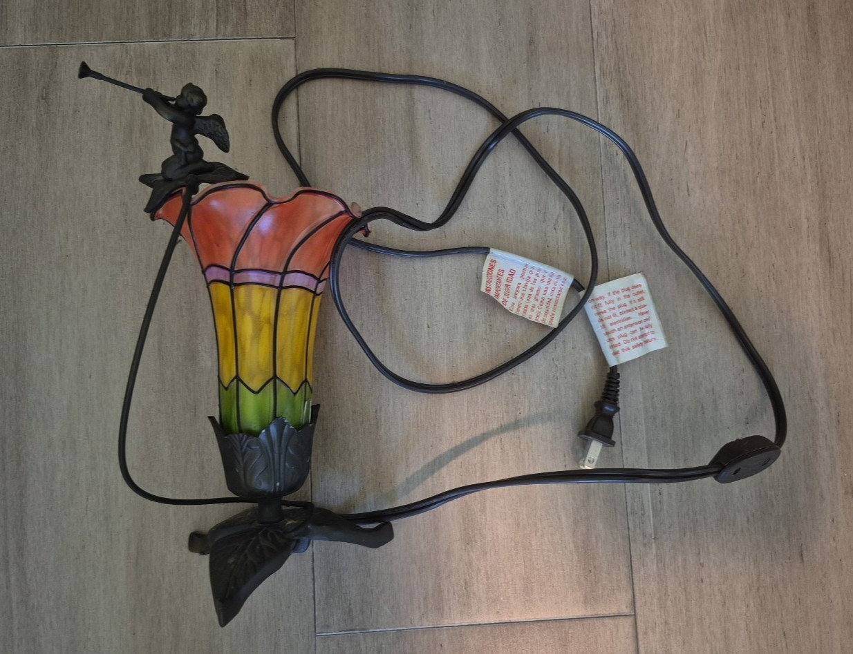 Flying Fairy Tulip Table Lamp Cherub Tiffany Style Glass Lily & Leaf