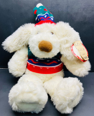 vintage gina softoys white plush dog with hat and sweater with tags humphrey