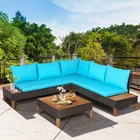 4PCS Acacia Wood Patio Furniture Set Rattan Conversation Set w/ Turquoise