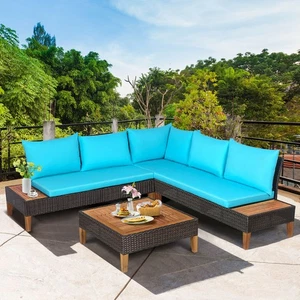 4PCS Acacia Wood Patio Furniture Set Rattan Conversation Set w/ Turquoise