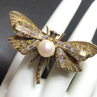 8147 Miss Ellie faux pear Dragonfly goldtone statement ring Adjustable