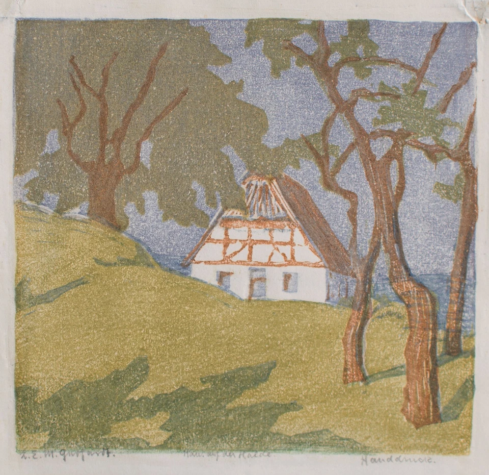 Maragarete Gerhardt Haus auf der Halde signiert Farbholzschnitt frühes 20 Jhd - Bild 3 von 4