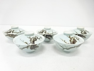21911# JAPANESE TEA CEREMONY / LIDDED TEA BOWL CHAWAN / SET OF 5 / UME / IROE
