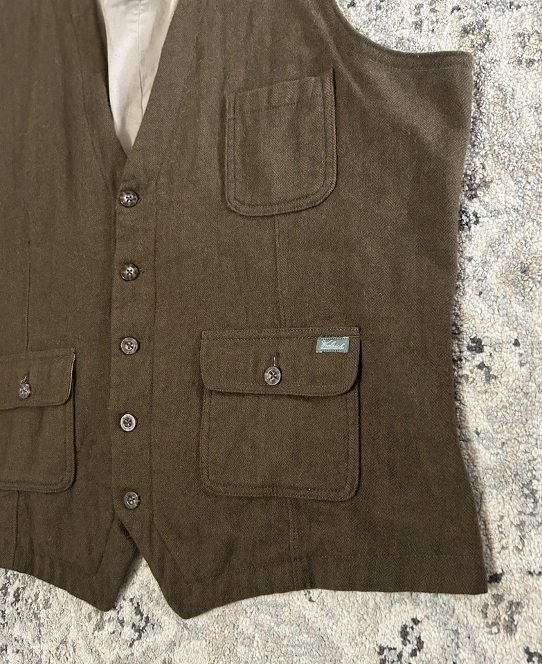 Woolrich Men’s Ruxton Brown Herringbone Wool Vest Front Pockets Size XL - Image 2 of 4