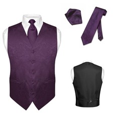 Men's Dress VEST NeckTie for Suit Tux DARK PURPLE PAISLEY Design Tie Hanky Set