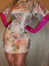 Vtg Pink Floral Satin Babydoll Nightgown M