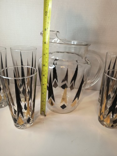 Vtg Golden Peaks Tall Glass Anchor Hocking Atomic Arrow Glasses And Pitcher 7pc - Picture 3 of 15