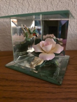 E Gallery Collection Mirrored Glass Figurine Hummingbird Flower Display USA Made
