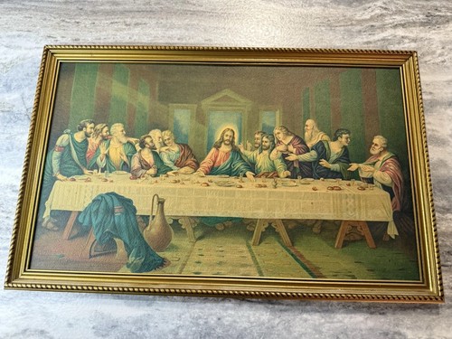 Vintage Zabateri Das letzte Abendmahl Holz gerahmt Lithographie Kunstdruck 13,5 x 19,5"
