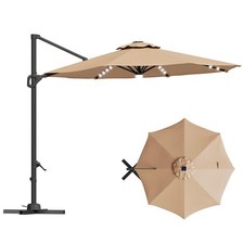 Cantilever Patio Umbrella with Solar LED and Base, Round Top Outdoor Umbrella