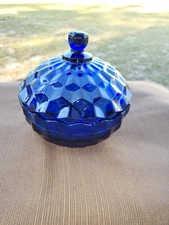 Vintage Indiana Glass Whitehall Pattern Covered Candy Dish In Cobolt Blue