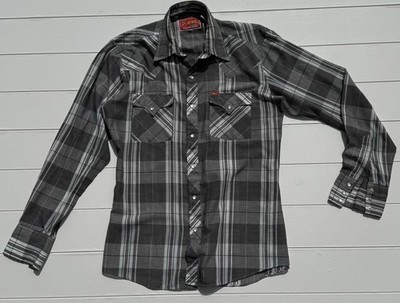Ely Plains Pearl Snap Long Sleeve 15.5 (34-35) Western Shirt Gray Black Plaid