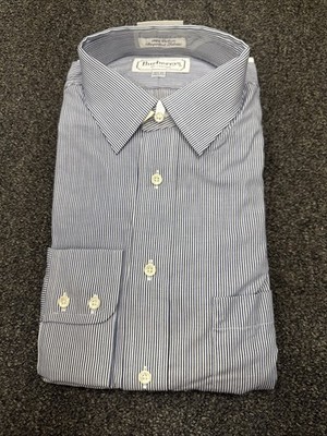 Vintage Burberrys Button Down Shirt Mens 16.5 33 Blue Striped Cotton NWT