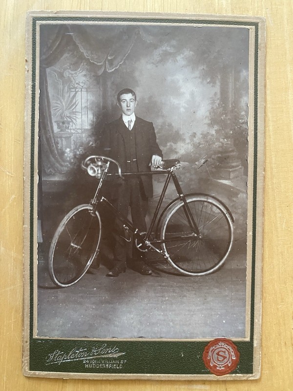 Vintage English Cabinet Photo Well Dressed Man & Bicycle Stapleton & Sons