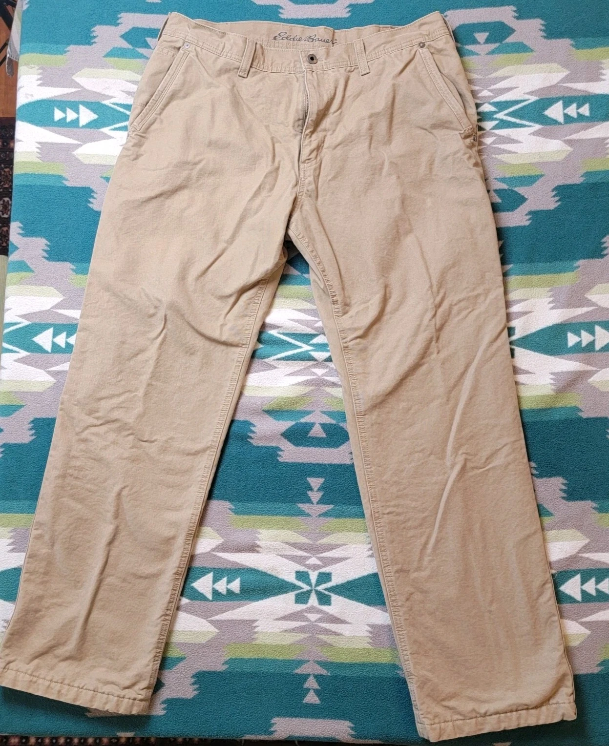 Eddie Bauer Mens Pants 36x32 Fleece Lined Beige Canvas Straight Leg Workwear