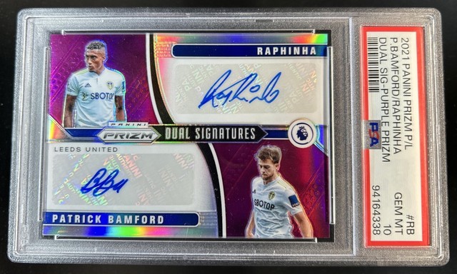 2021 Prizm Raphinha Patrick Bamford Dual Prizm Purple Auto #/10 PSA 10
