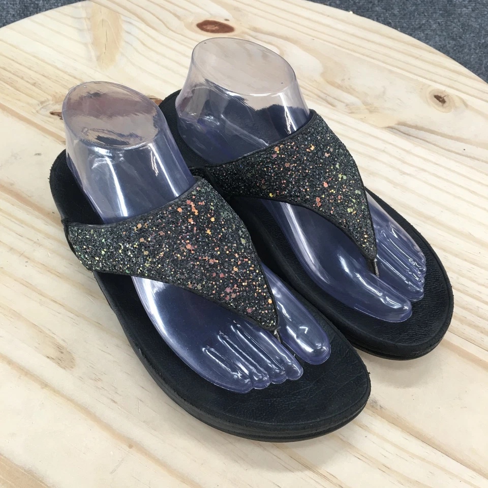 Босоножки Fitflop женские 8 Lulu блестящие стринги на танкетке каблуки без шнуровки Paltform черные - Изображение 3 из 4