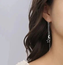 Silver Moon Star Threader  Long Tassel Earring Chain, Drop Dangle Woman Earrings