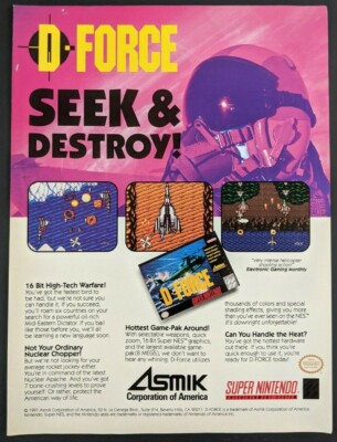 D-Force Print Ad Game Poster Art PROMO SNES Super Nintendo Seek Destroy Vintage