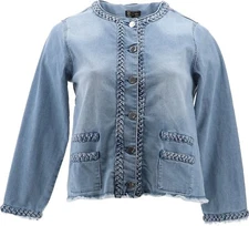 DG2 Diane Gilman Stretch Frayed Denim Jacket CHAMBRAY 1X NWOT (369)