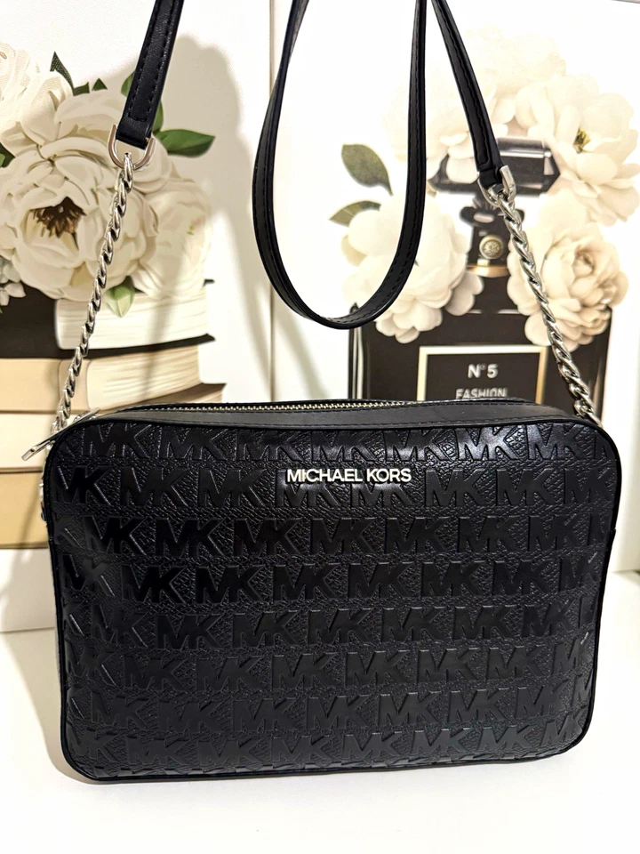 Women’s Michael Kors Black Leather MK Monogram  Crossbody Bag Silver Chain Strap, photo 1 of 5
