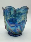 Vintage Fenton Blue Carnival Glass Atlantis Koi Vase