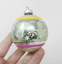 Vintage Mercury Glass Striped Snowflakes Stencil Ornament ~ Shiny Brite ~ 2-1/2"