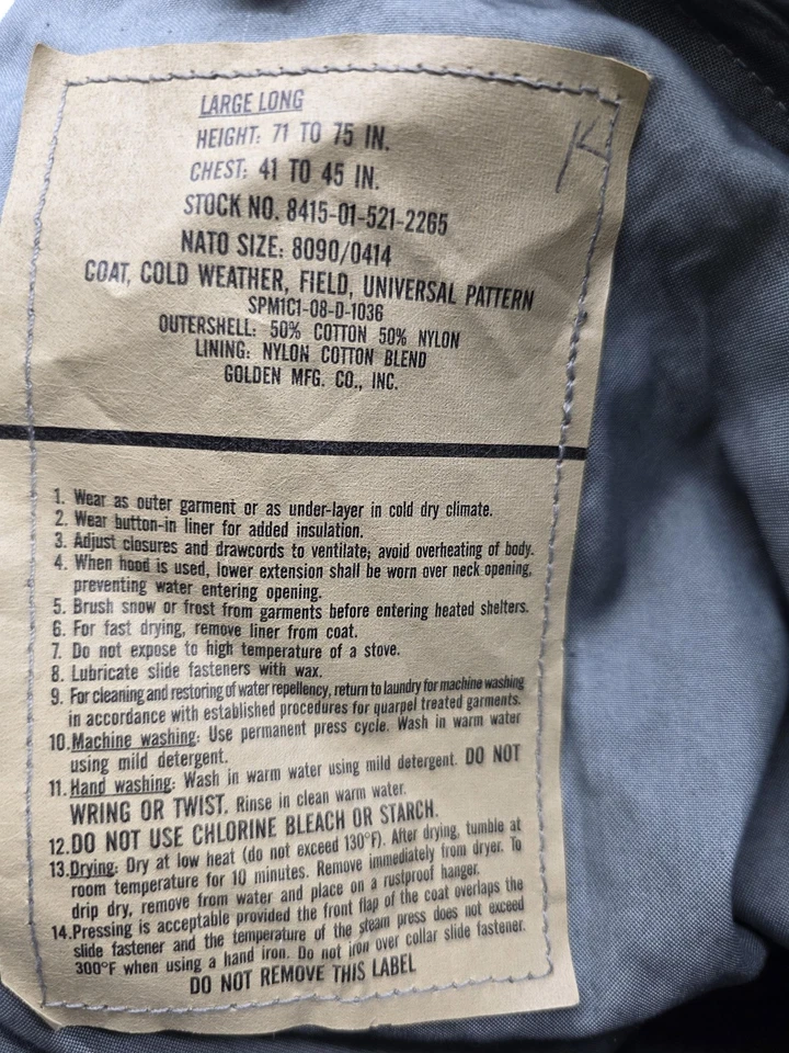 US Army Cold Weather Field Coat Mens Large Long Camo Universal Pattern Golden - Image 3 of 4