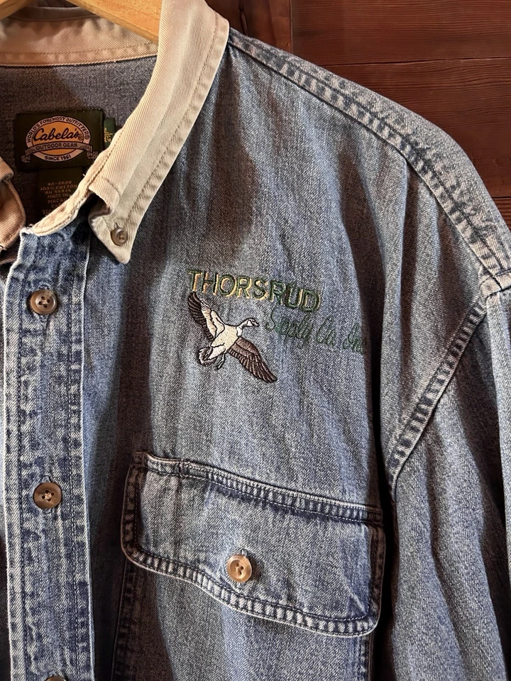 Denim Shirt Elbow Patches Embroidered Goose Logo Cabela’s Y2K - Image 2 of 4