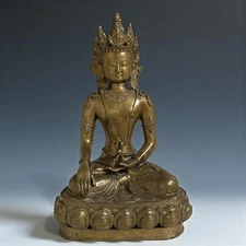Crowned Tibetan Bronze Buddha Statue 42.5cm – Vajra & Earth-Touching Mudra