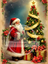 Santa's Gold Christmas Tree | A4 Rice Paper | Paper for Decoupage | Christmas