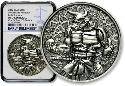 2022 Chad Mechanized Minotaur NGC MS 70 Antiqued 1st 100 2oz Silver RARE BS435
