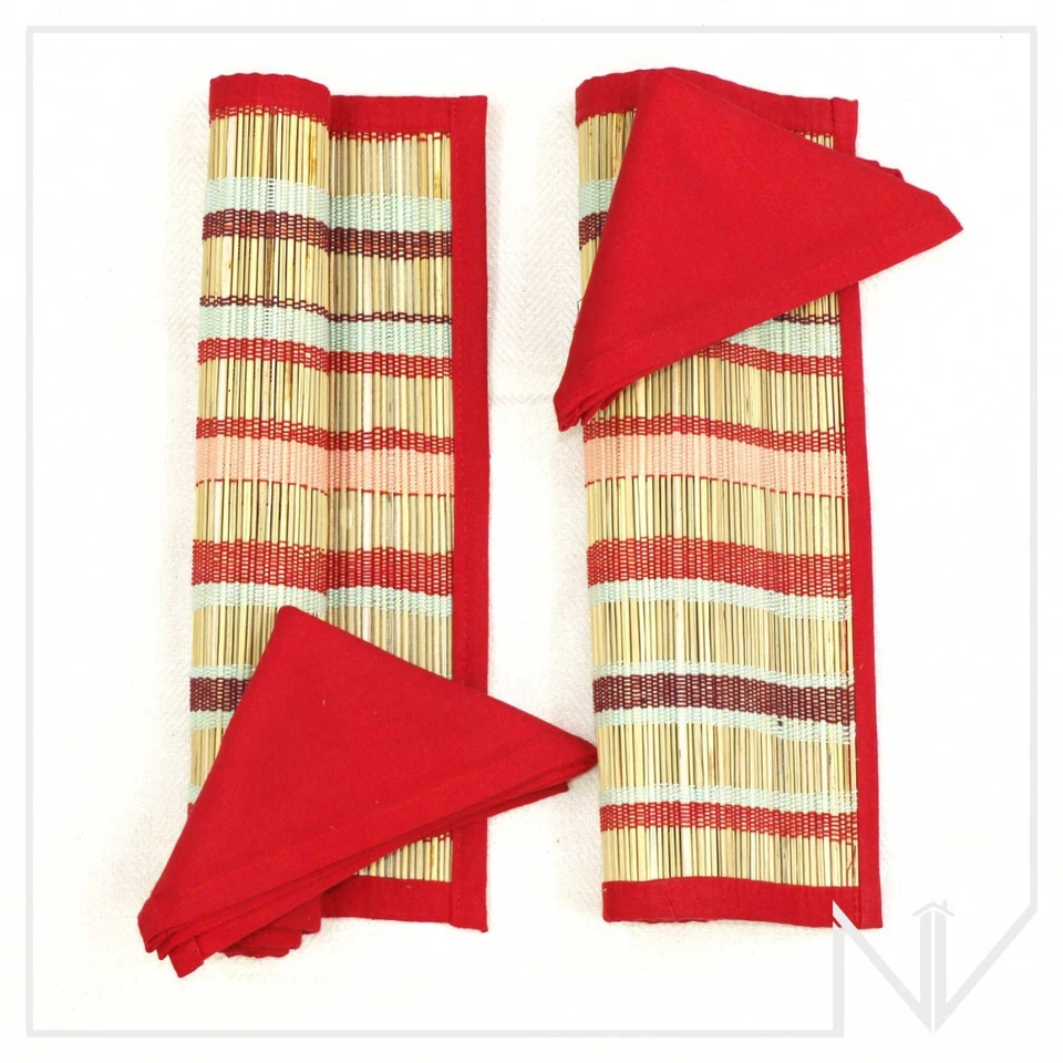 Outdoor Holiday Dining Bamboo Red Brown Stripes Placemats Kitchen Decor Set of 6 - Image 3 of 4