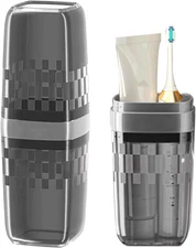Portable Travel Toothbrush Case with Cover Dual Mouthwash Cups Black